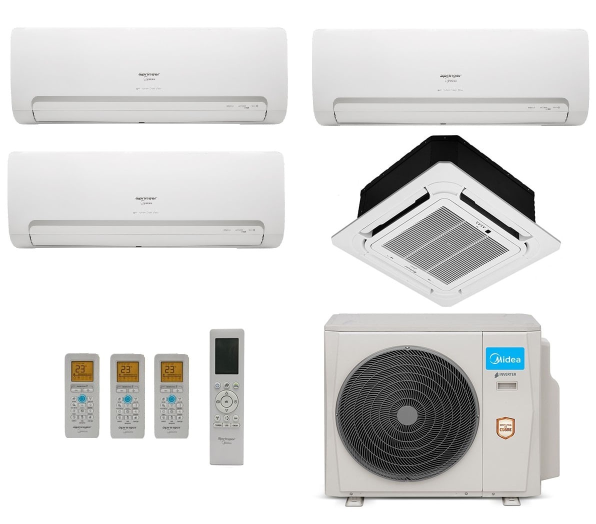 Ar-Condicionado Multi Split Inverter Springer Midea 36.000 BTUs (3x Evap HW 9.000 + 1x Evap Cassete 4 Vias 18.000 ) Quente/Frio 220V